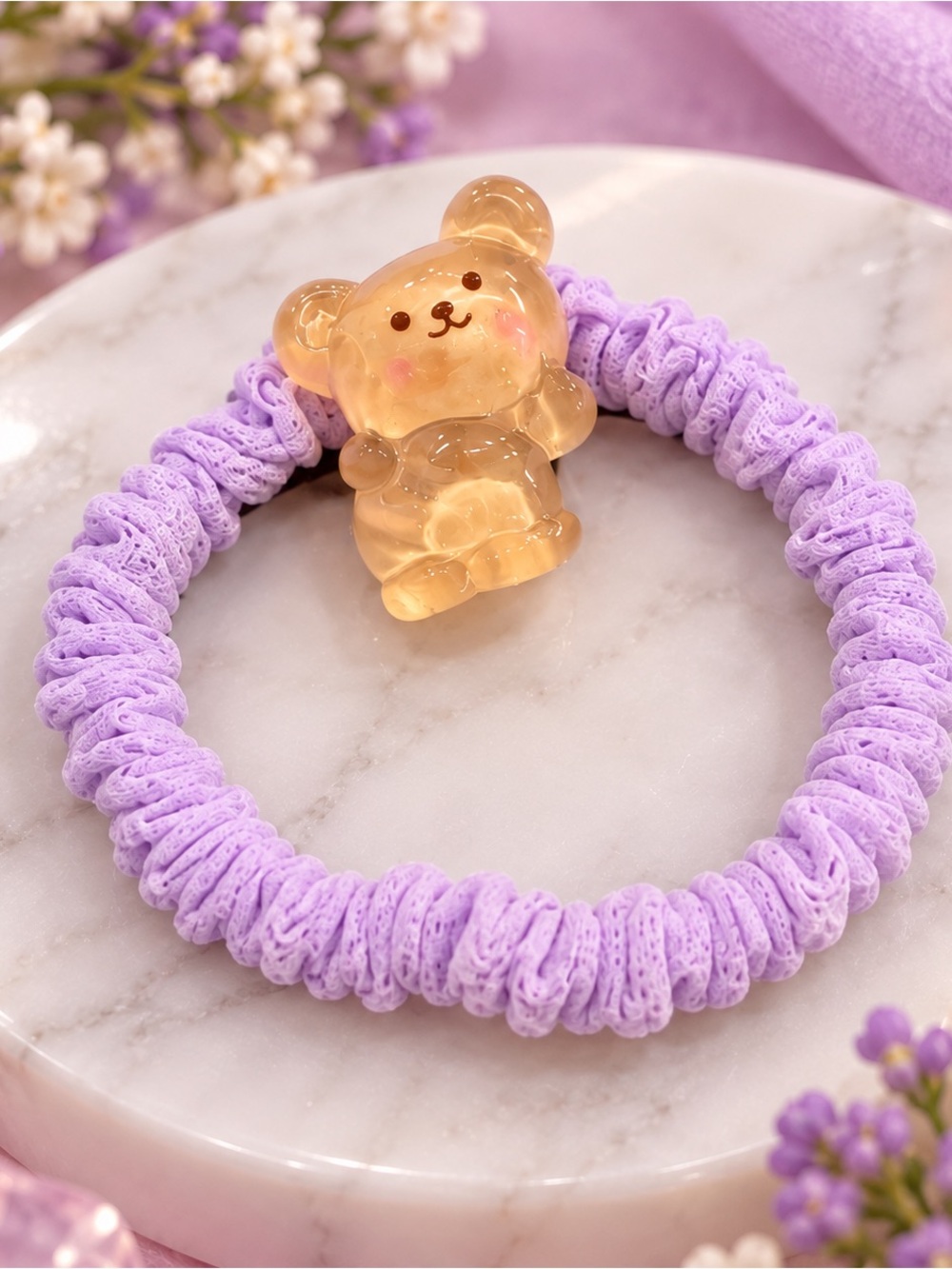 Kids Lavender Bear Charm Hair Tie - Cute Stretch Scrunchie